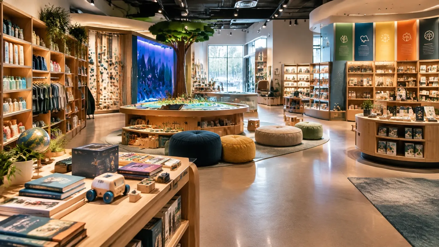 A bright children’s discovery store with a central interactive table, books, kits, and colorful learning zones